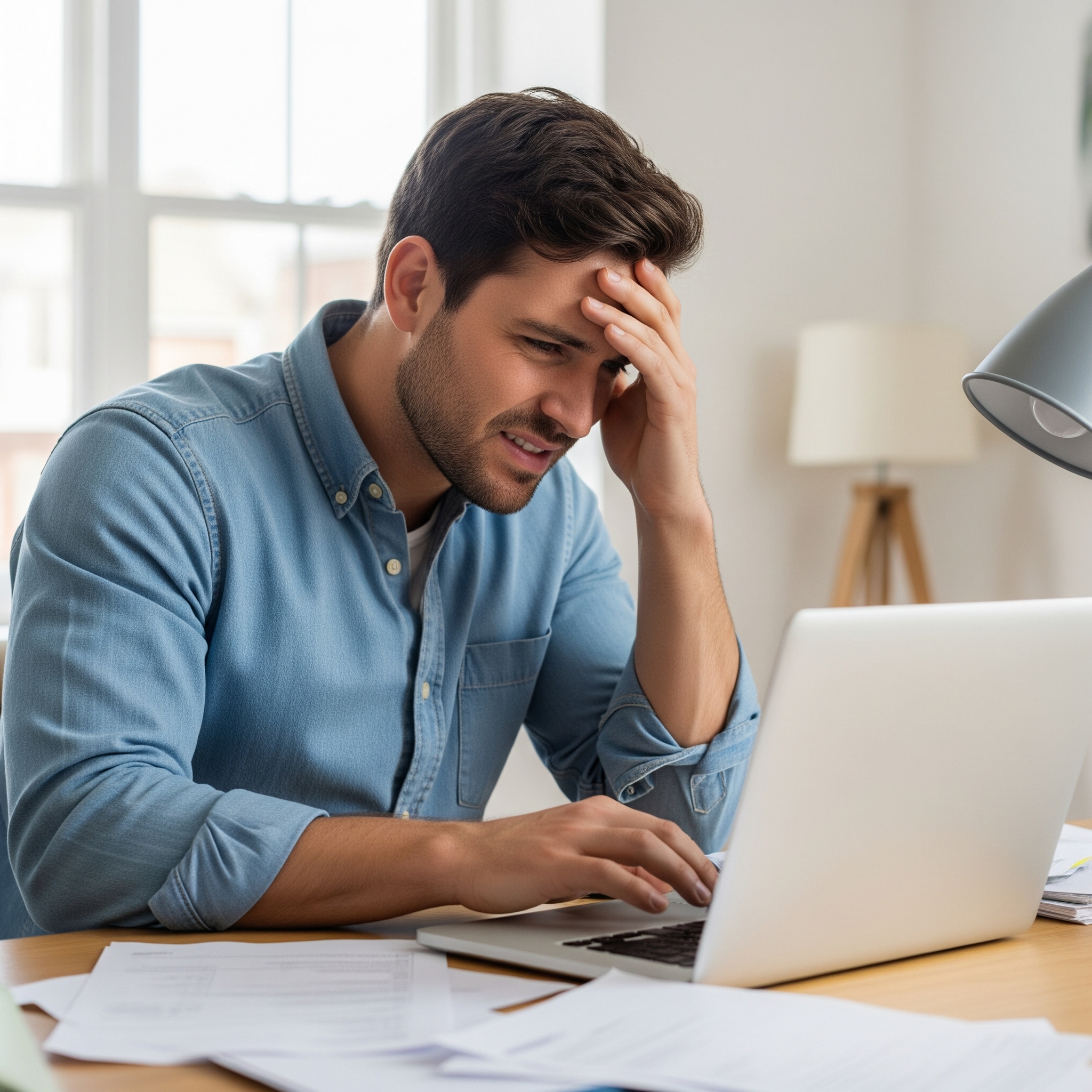 Homeowner looking stressed while researching complex EV charger installation costs in Preston.