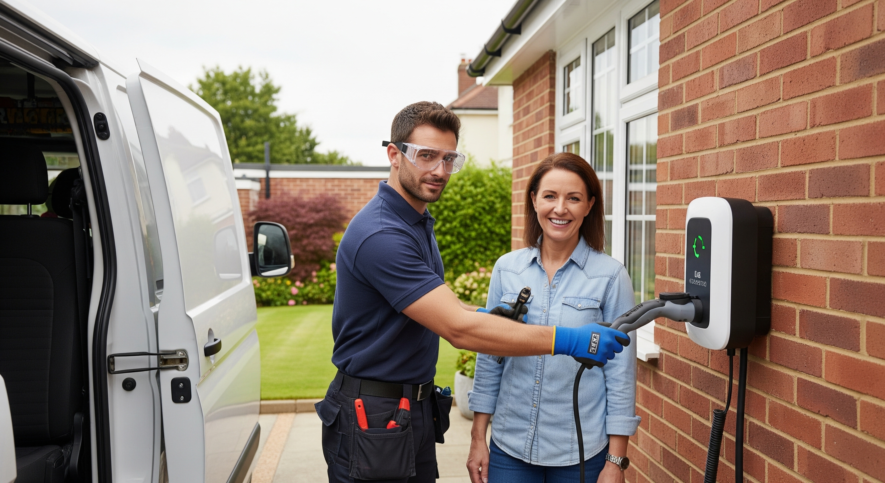 Bright and modern EV charger installed on the side of a suburban home in Preston, with a clean driveway.