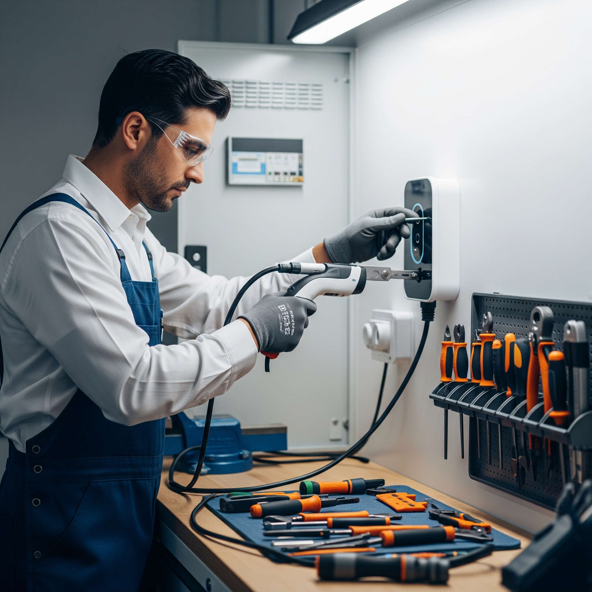 Professional EV charger installation tools and equipment neatly organized.